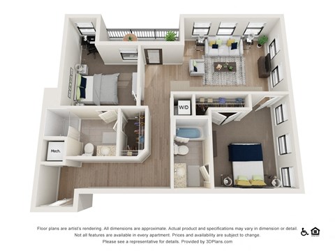 Floor plan for 2 beds, 2 baths, 1032 sqft